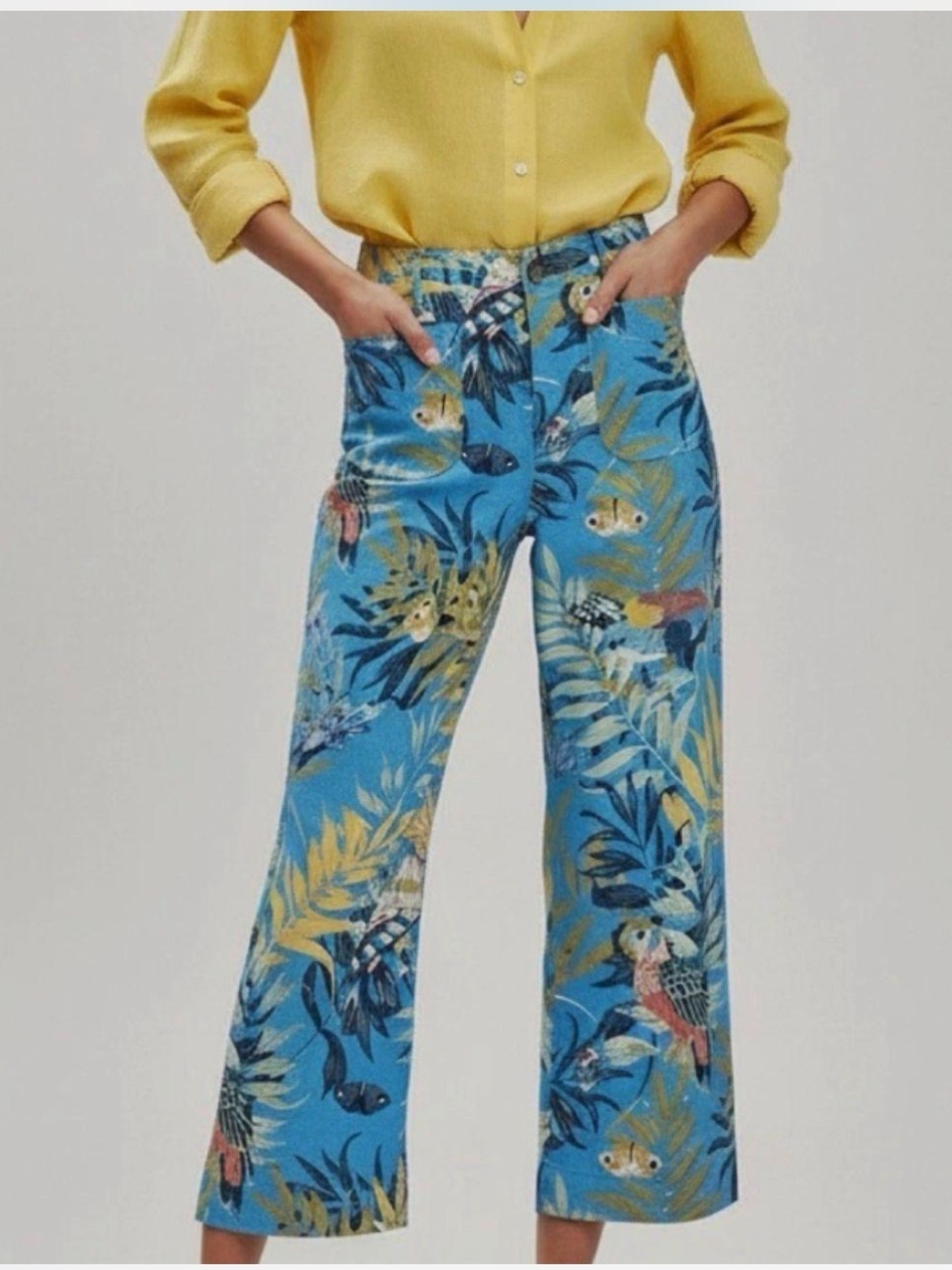 Maeve Colette Tropical Bird Print Wide Leg Crop Pants Linen Blend Blue Size 14P
